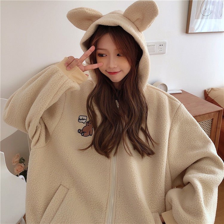 Autumn Winter Zipper Coat Sweet Hooded Bear Print Harajuku Loose Pocket Hoodies Womens Fleece Flannel Pullover Female Sweatshirt - Shop Right ApparelAutumn Winter Zipper Coat Sweet Hooded Bear Print Harajuku Loose Pocket Hoodies Womens Fleece Flannel Pullover Female Sweatshirt0Shop Right Apparel Shop Right Apparel