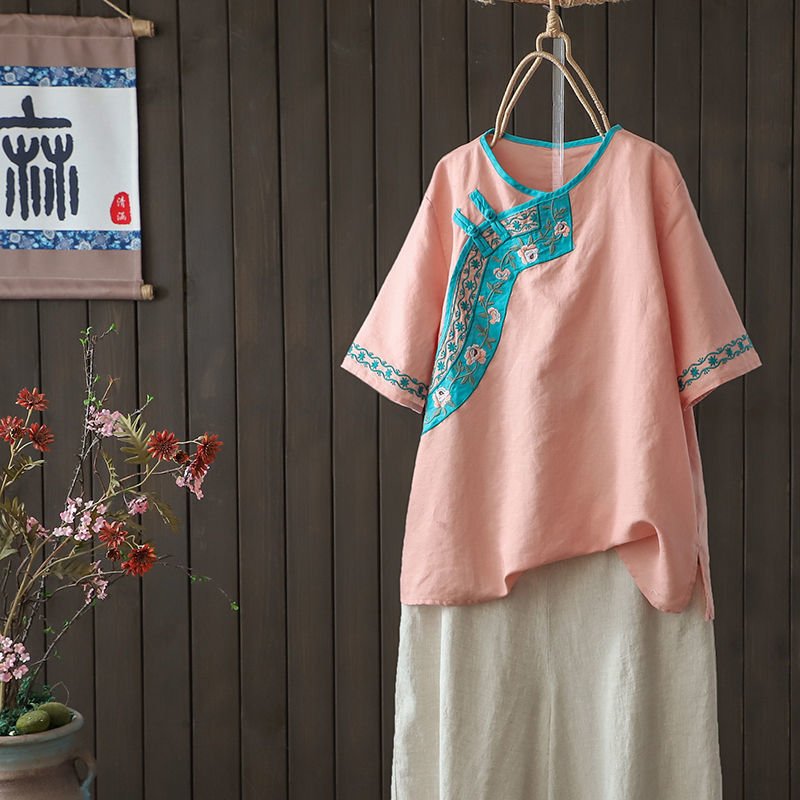 Chinese Style Embroidered Literary Retro Linen Blouse For Women
