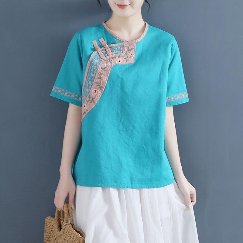 Chinese Style Embroidered Literary Retro Linen Blouse For Women