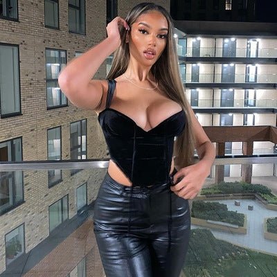 FSDA Women Velvet Crop Top Black Sleeveless Bandage Summer Sexy T Shirt Casual Corset Party Off Shoulder Tank Top