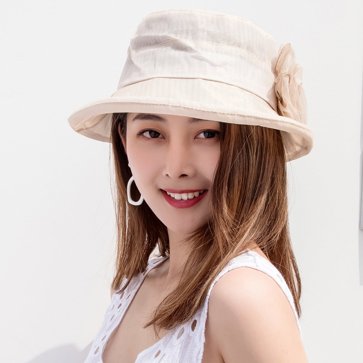 Ladies Organ Mesh Flower Top Hat Shade Foldable