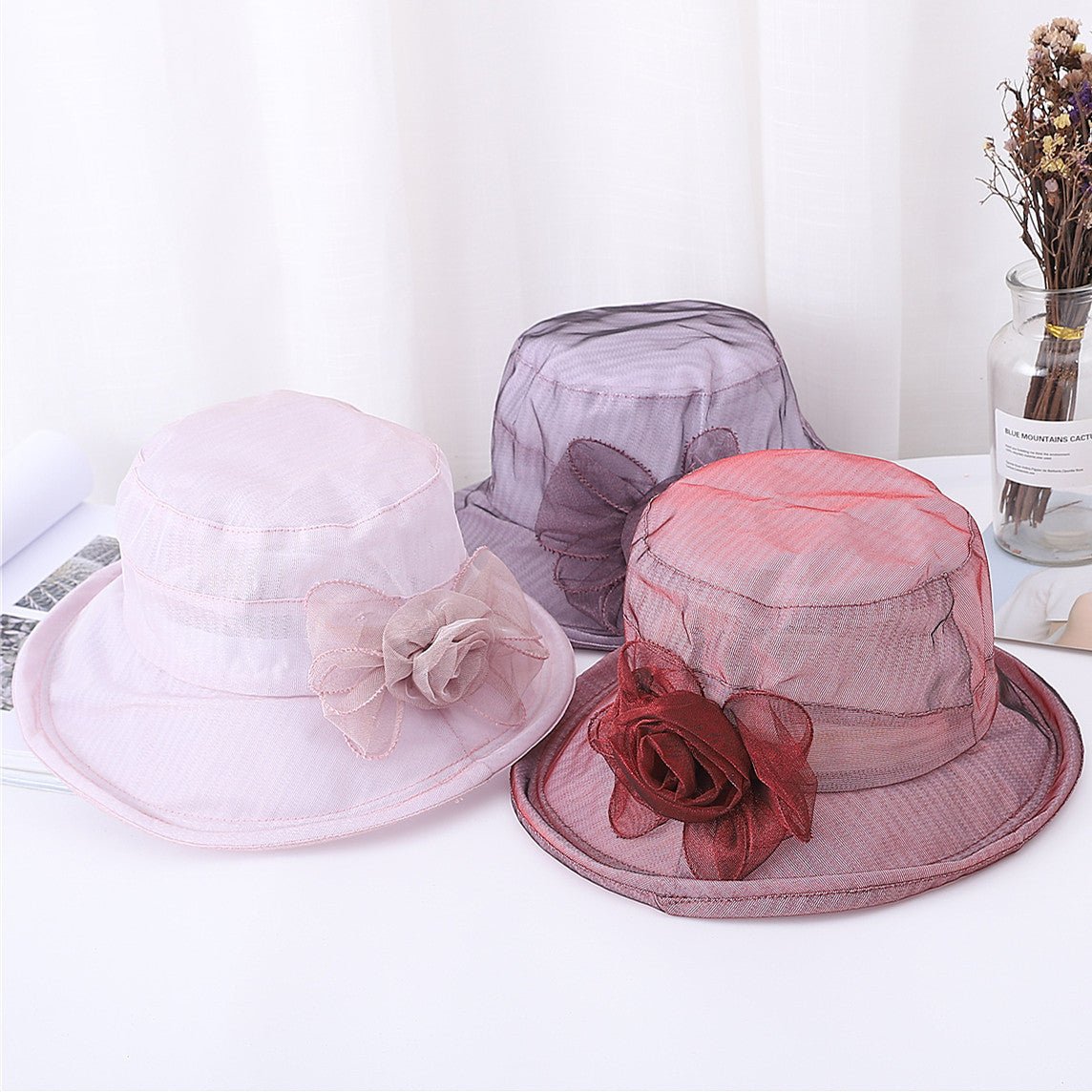 Ladies Organ Mesh Flower Top Hat Shade Foldable