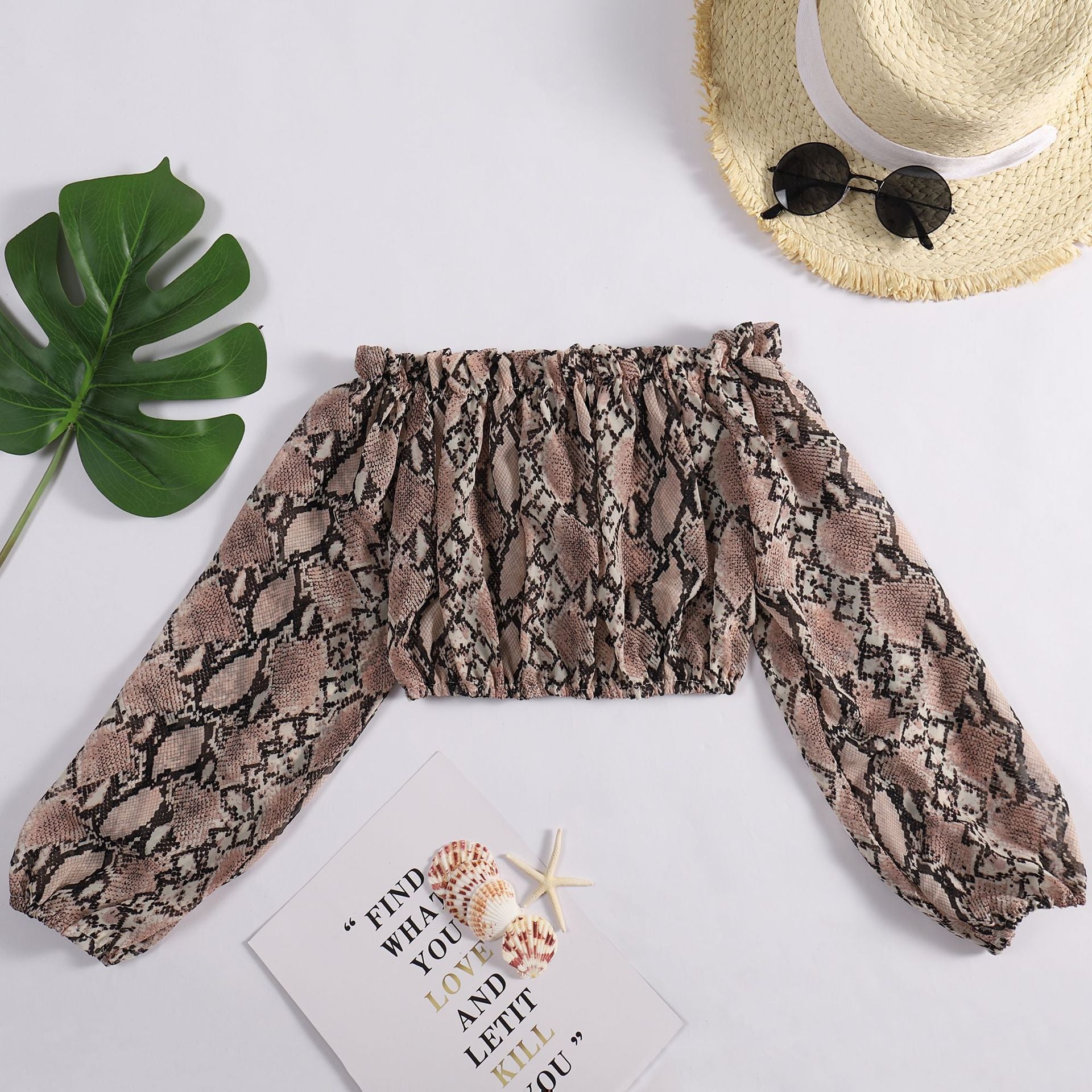 Sexy Long-sleeved Snake Print Chiffon Blouse Cropped Bra Blouse Top Women