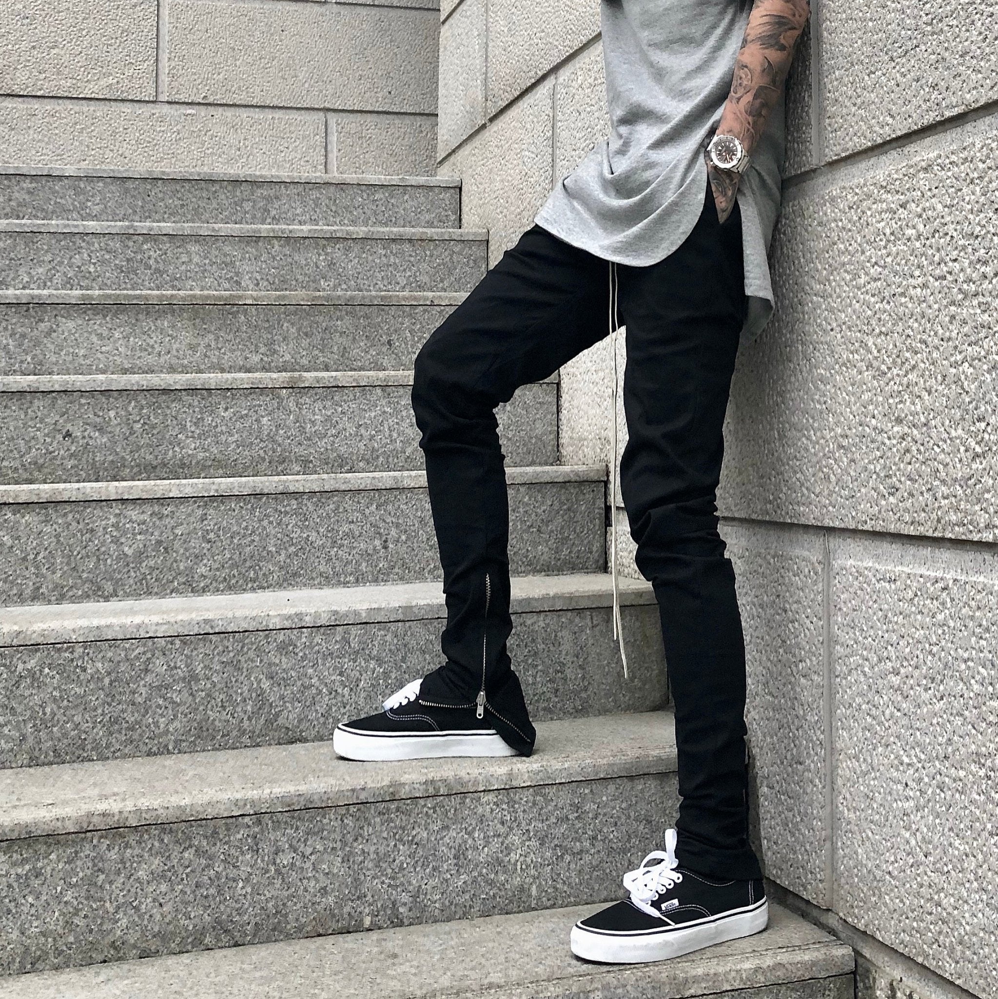 Slim drawstring zipper casual pants men