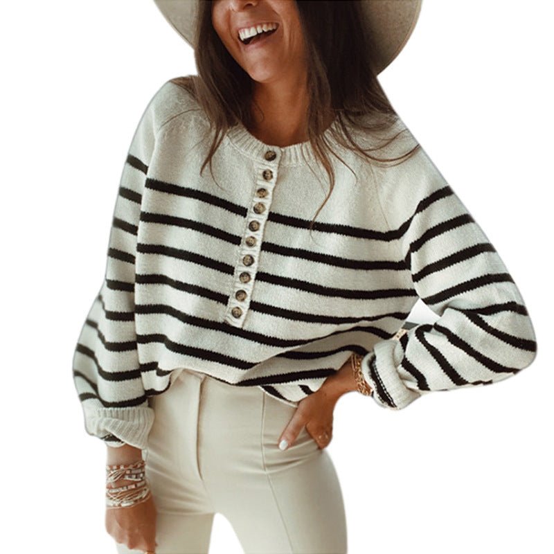Striped Pullover Blouse Fashion Button Cardigan Women