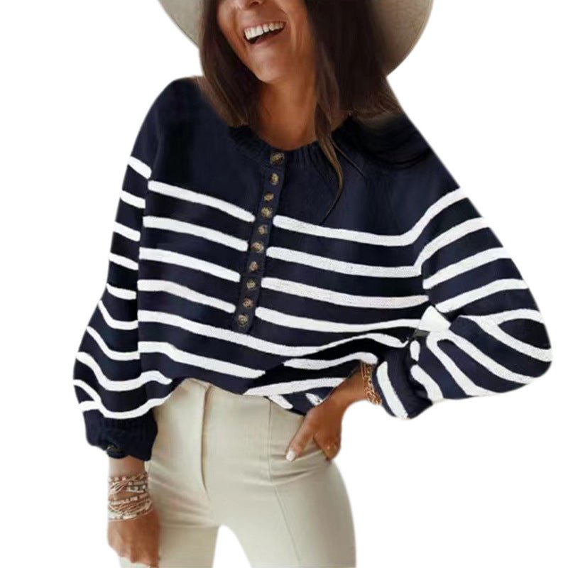 Striped Pullover Blouse Fashion Button Cardigan Women