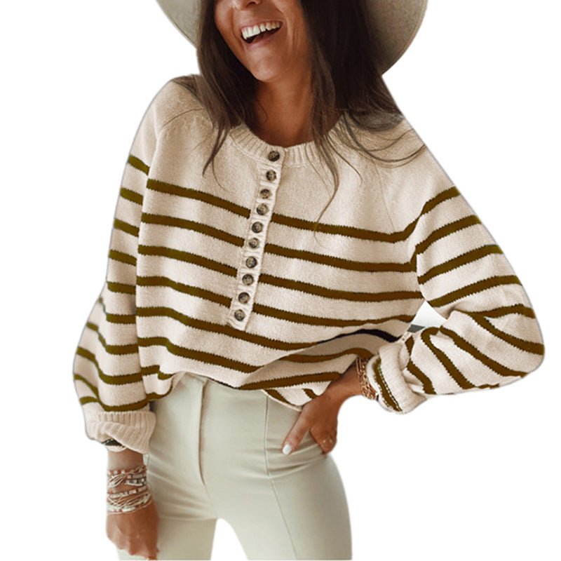 Striped Pullover Blouse Fashion Button Cardigan Women