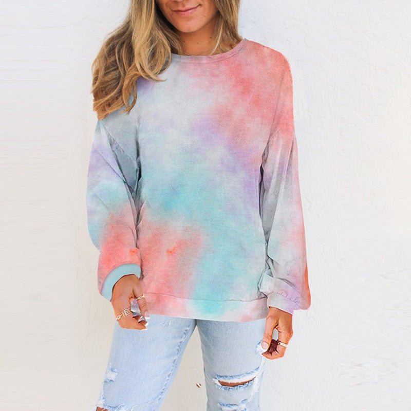 The hoodie is the new European and American autumn loose casual tie-dye printed long-sleeved round-neck lady hoodie