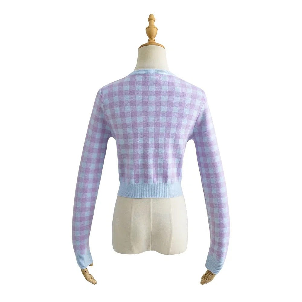 Women Crew Neck Plaid Knit Cardigan Crop Top