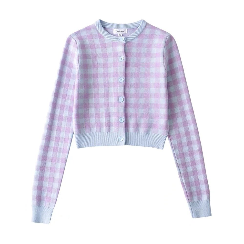 Women Crew Neck Plaid Knit Cardigan Crop Top