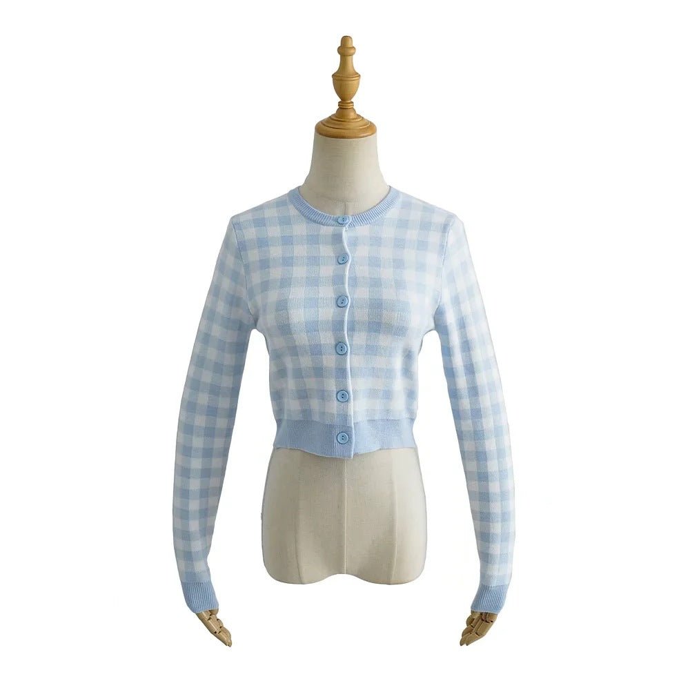 Women Crew Neck Plaid Knit Cardigan Crop Top