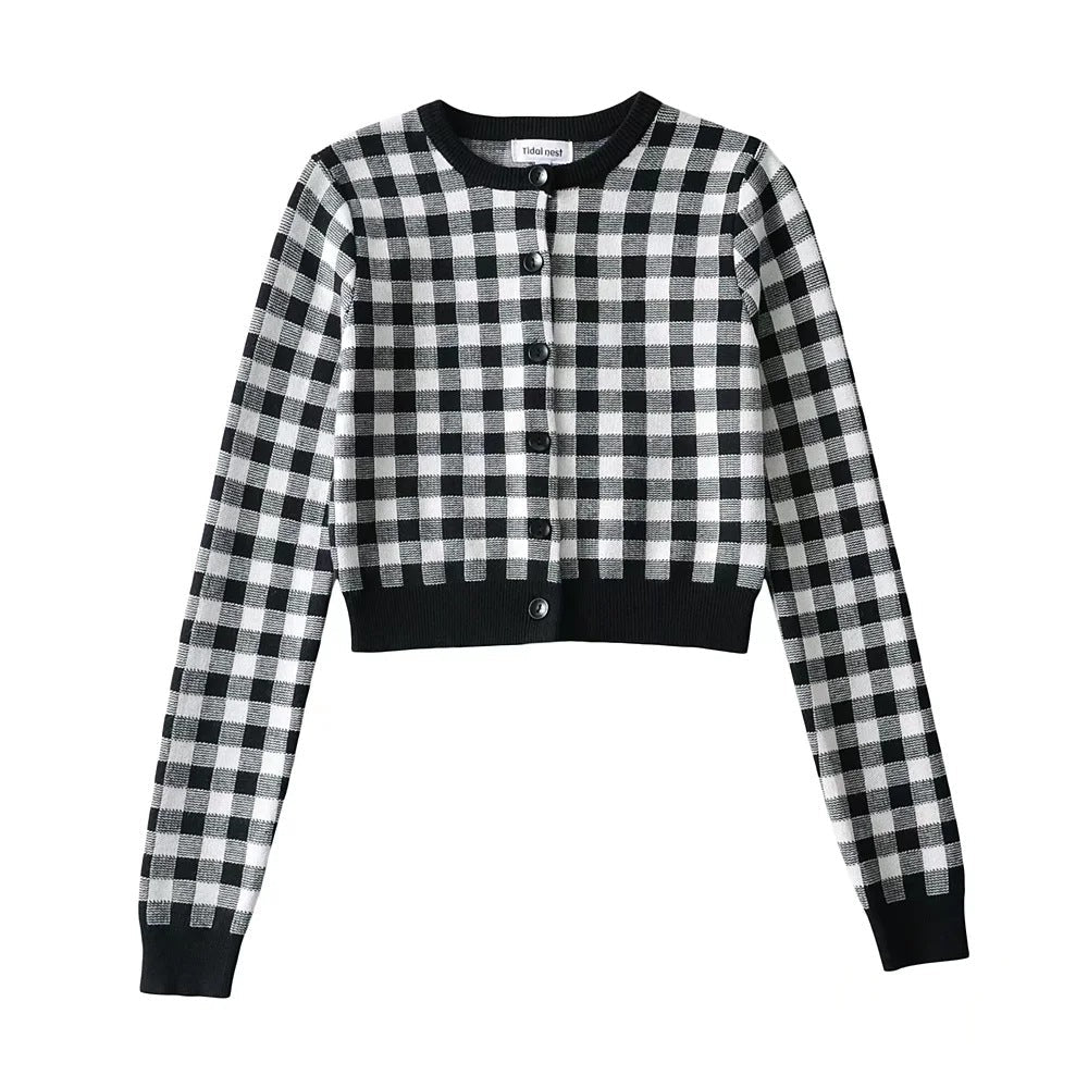 Women Crew Neck Plaid Knit Cardigan Crop Top