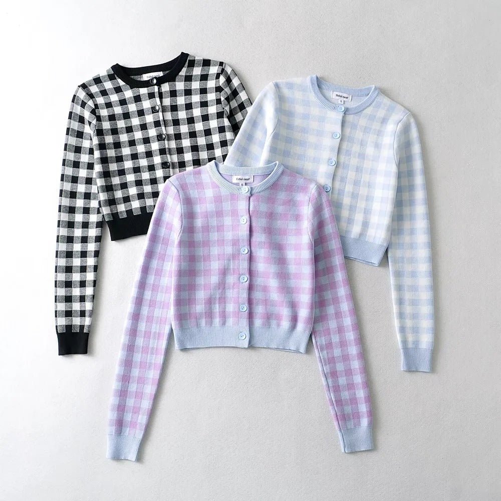 Women Crew Neck Plaid Knit Cardigan Crop Top
