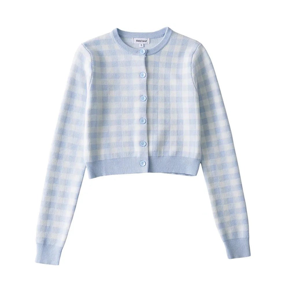 Women Crew Neck Plaid Knit Cardigan Crop Top