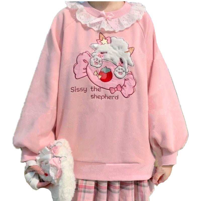 Autumn New Women Lace Neck Cute Hoodies Harajuku Kawaii Sweatshirt Women Pink Pullover Lamb And Candy Embroidery Sudadera