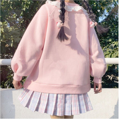 Autumn New Women Lace Neck Cute Hoodies Harajuku Kawaii Sweatshirt Women Pink Pullover Lamb And Candy Embroidery Sudadera