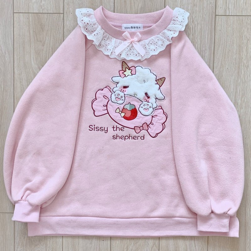 Autumn New Women Lace Neck Cute Hoodies Harajuku Kawaii Sweatshirt Women Pink Pullover Lamb And Candy Embroidery Sudadera