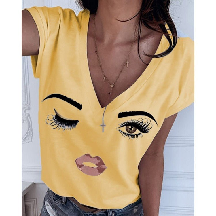 Cartoon Print Simple V Neck All Match Blouse Women