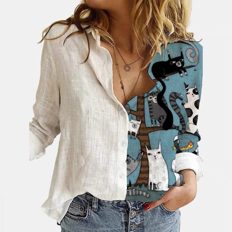 Cartoon Print Stitching Lapel Long-sleeved Button Blouse Women