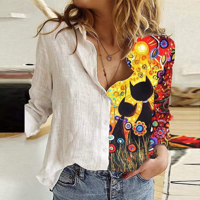 Cartoon Print Stitching Lapel Long-sleeved Button Blouse Women