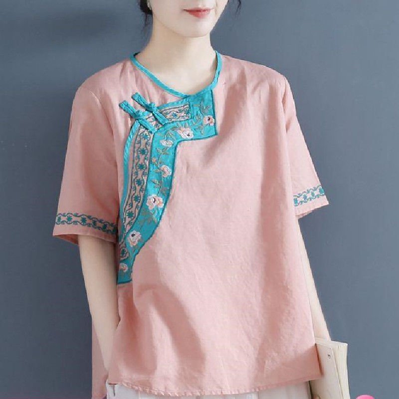 Chinese Style Embroidered Literary Retro Linen Blouse For Women