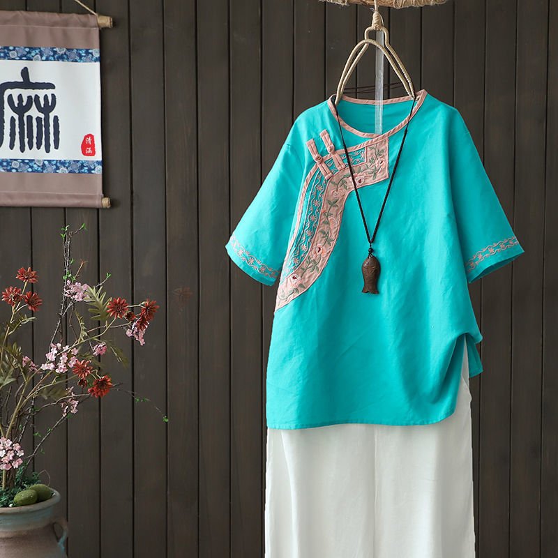 Chinese Style Embroidered Literary Retro Linen Blouse For Women