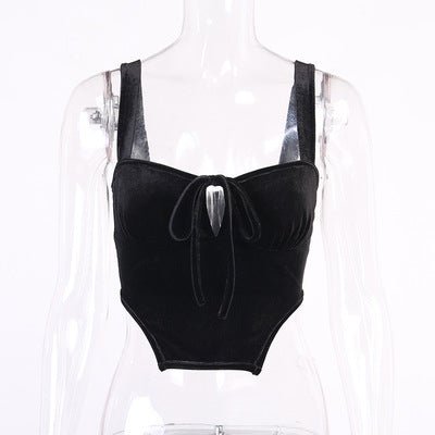 FSDA Women Velvet Crop Top Black Sleeveless Bandage Summer Sexy T Shirt Casual Corset Party Off Shoulder Tank Top