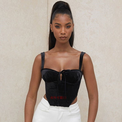 FSDA Women Velvet Crop Top Black Sleeveless Bandage Summer Sexy T Shirt Casual Corset Party Off Shoulder Tank Top