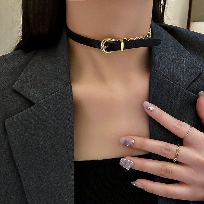 FYUAN Golden Chain Choker Necklaces for Women Short Black Leather Button Necklaces Statement Jewelry