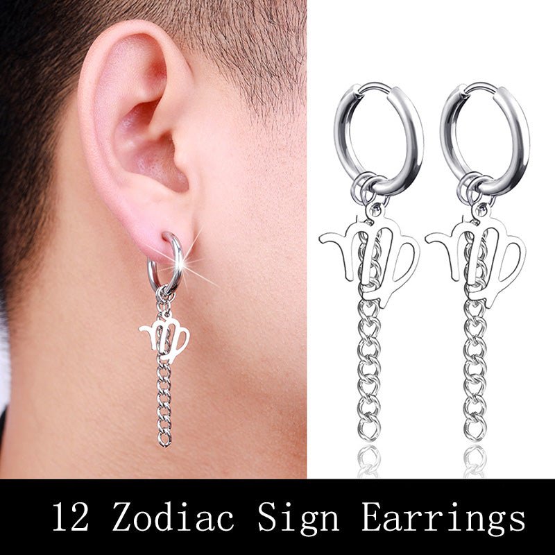 Hip Hop Zodiac Sign Link Chain Tassel Dangle Earrings For Men Women Constellation Jewelry