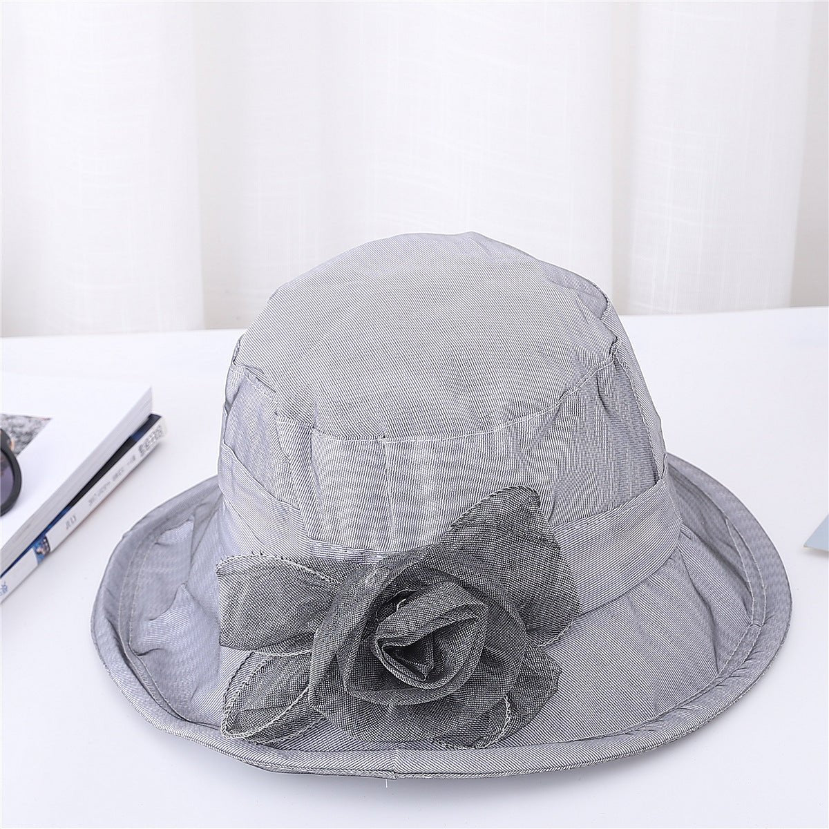Ladies Organ Mesh Flower Top Hat Shade Foldable