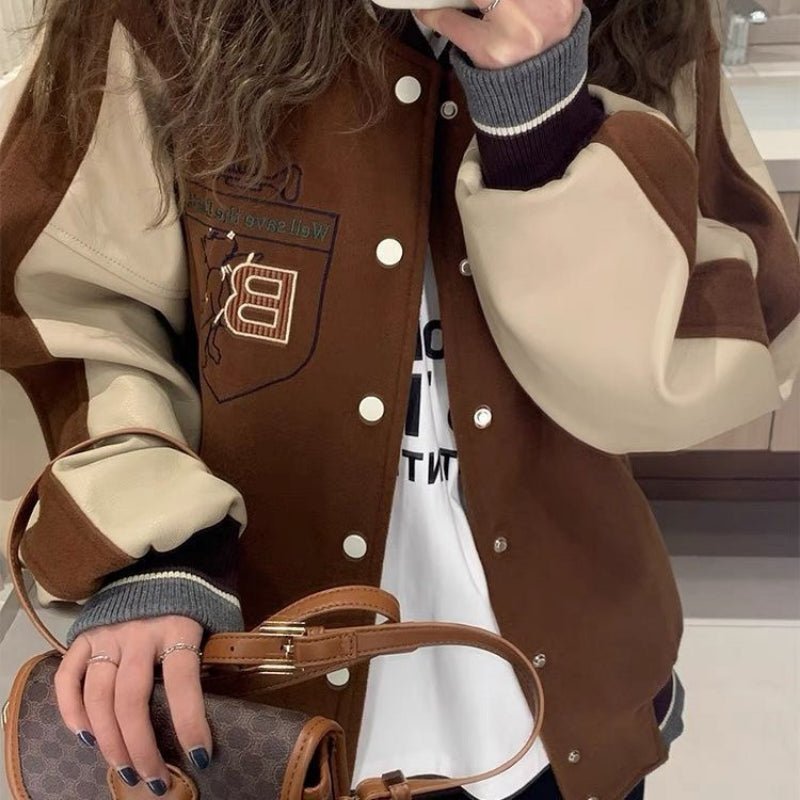 Retro Brown Baseball Jacket Women Loose Jacket