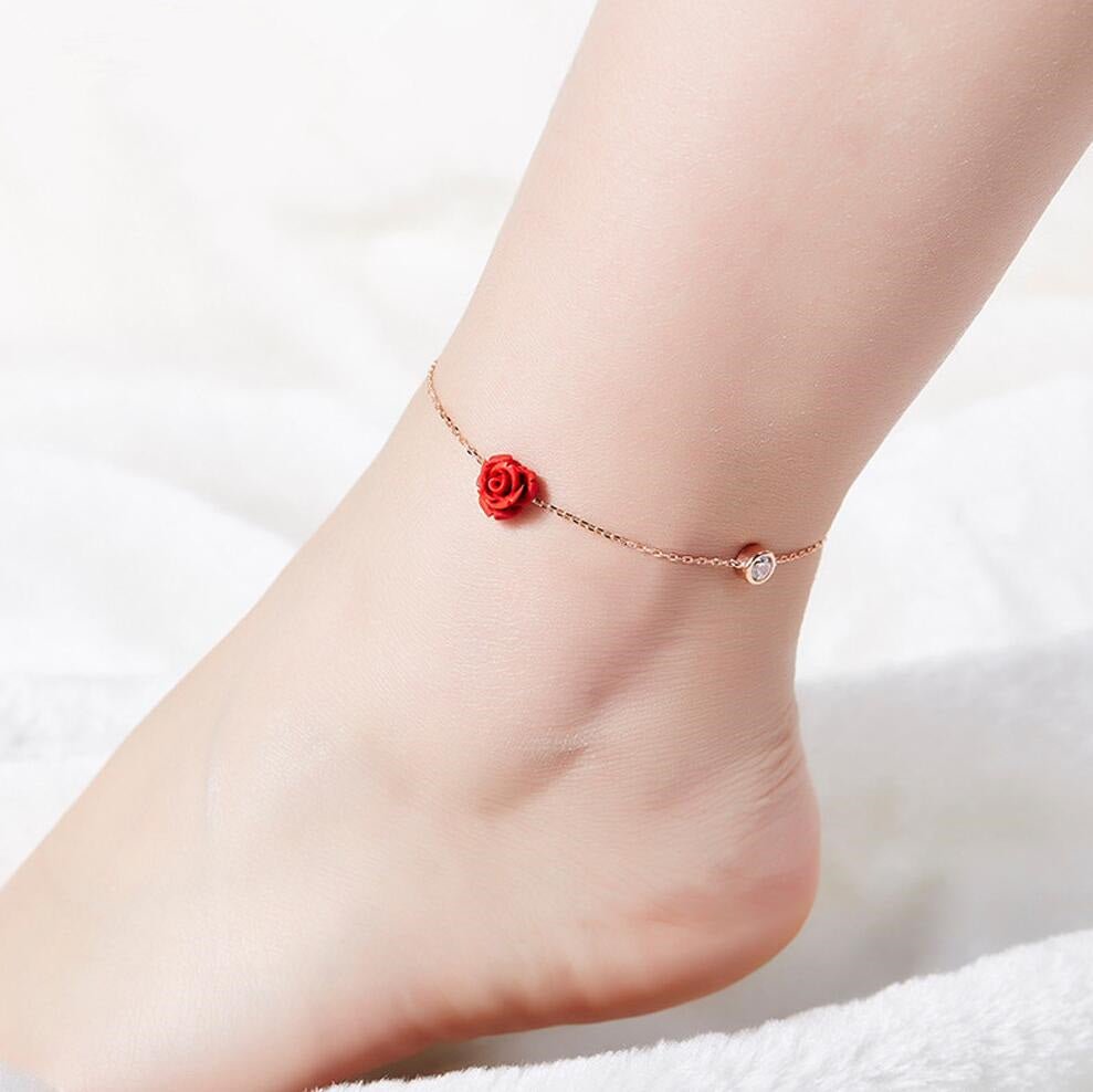 Rose flower ankle bracelet 925 silver cubic zirconia bracelet  sterling silver fashion jewelry for women