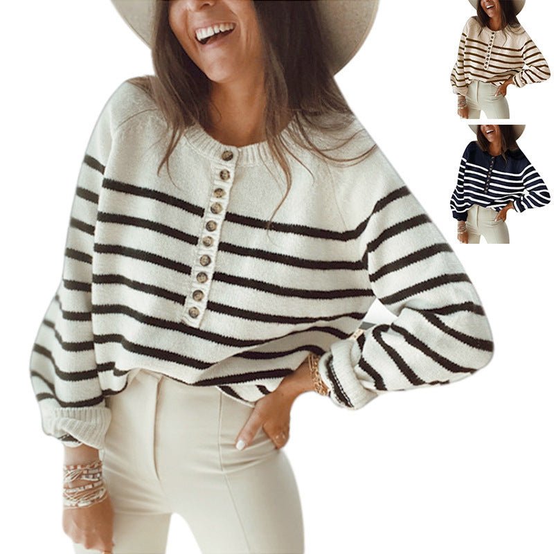 Striped Pullover Blouse Fashion Button Cardigan Women