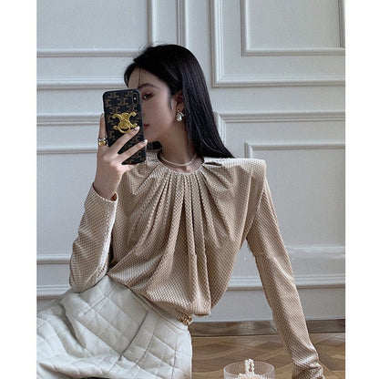 Temperament Velvet Shoulder Pads Pullover Blouse Women