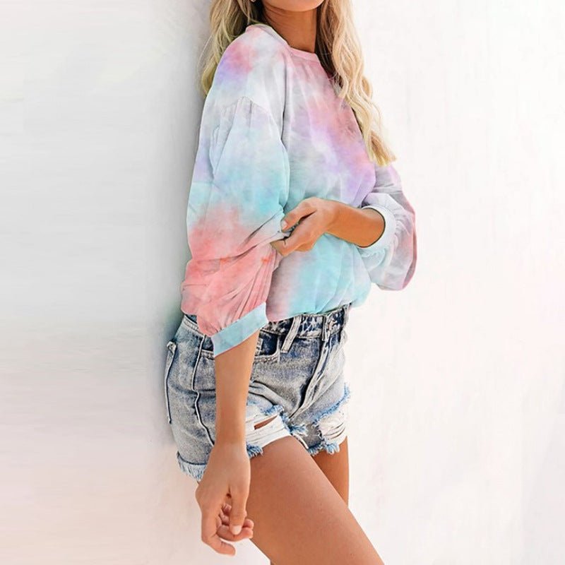 The hoodie is the new European and American autumn loose casual tie-dye printed long-sleeved round-neck lady hoodie