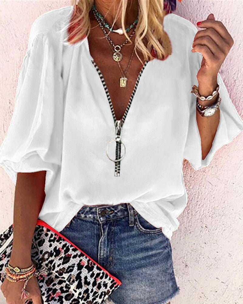 V-neck Half-sleeve Zipper Blouse Women