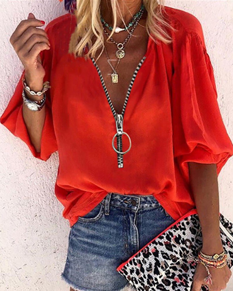 V-neck Half-sleeve Zipper Blouse Women