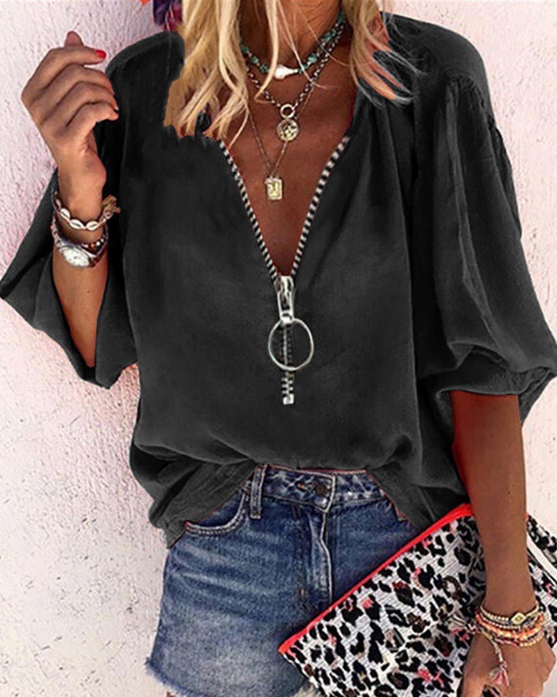 V-neck Half-sleeve Zipper Blouse Women