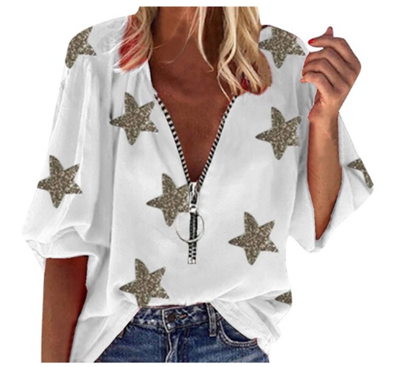 V-neck Half-sleeve Zipper Blouse Women