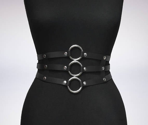 Women Black Leather Waist Belts Sexy Body Harness 3 Layer PU Metal Hoop Patchwork Rivet Belt for Lady