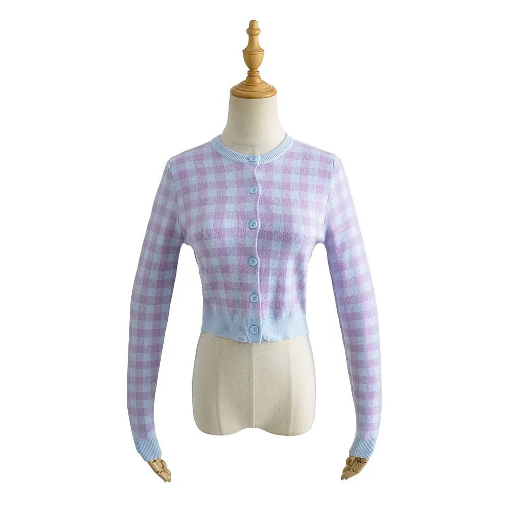Women Crew Neck Plaid Knit Cardigan Crop Top